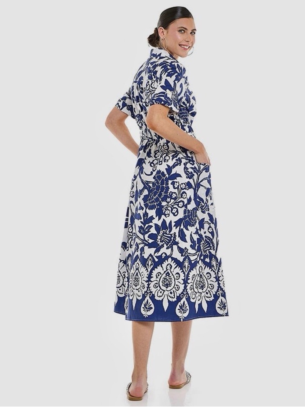 Joie Blue White Floral Cotton Midi Shirtdress Belted Short Sleeve Pockets Large - Picture 2 of 13